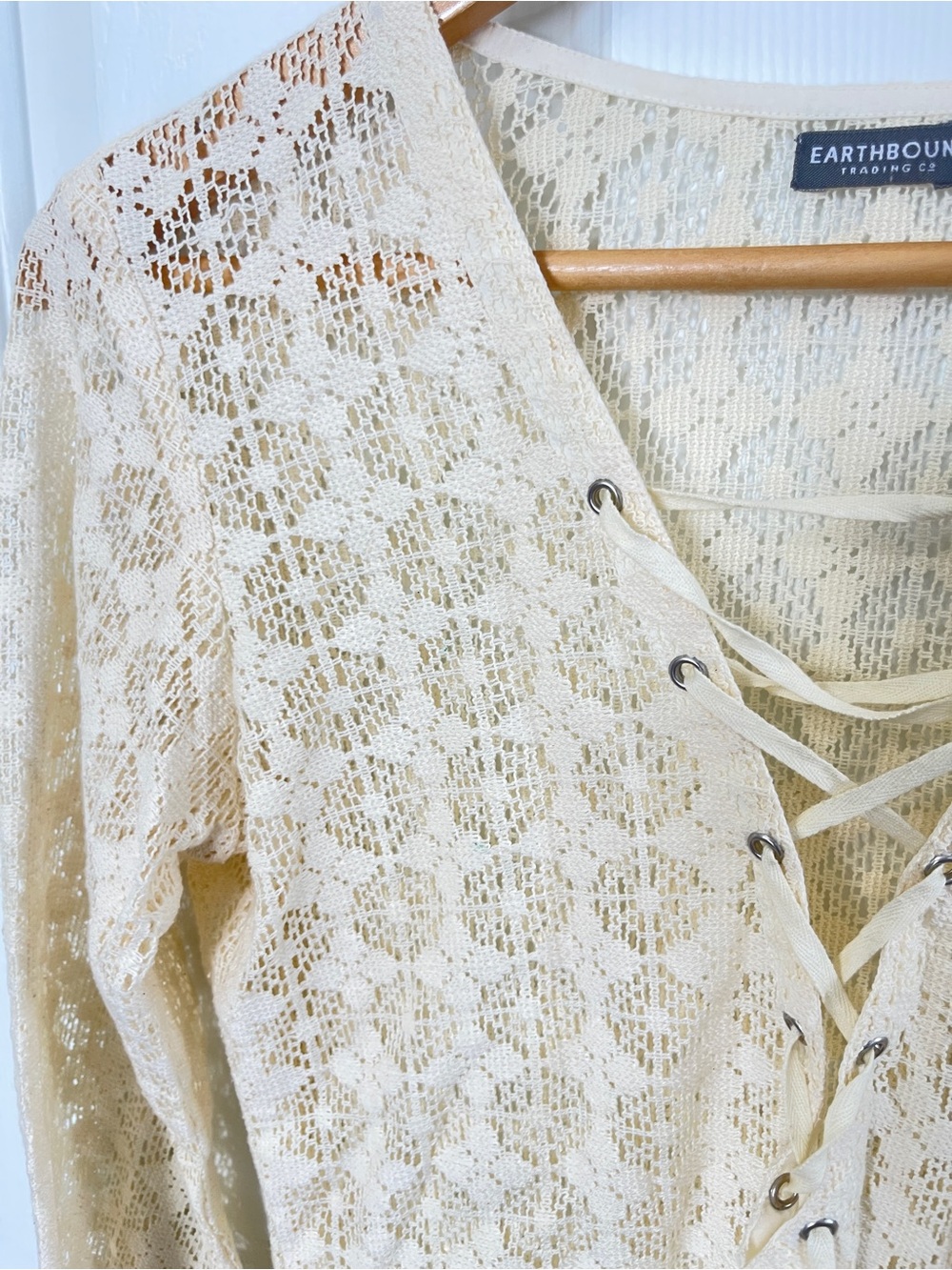 VTG Y2K Earthbound Trading Sheer Lace Front Small Cream Floral Fairy Boho - Picture 5 of 8